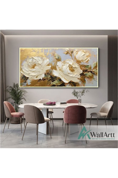 Cream Roses with Gold Leaf 3d Heavy Textured Partial Oil Painting